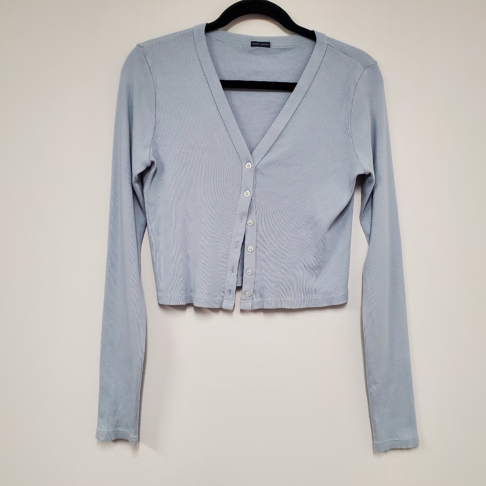 Brandy Melville John Gault Long Sleeve Cropped Cardigan Top Baby Blue OS Ribbed